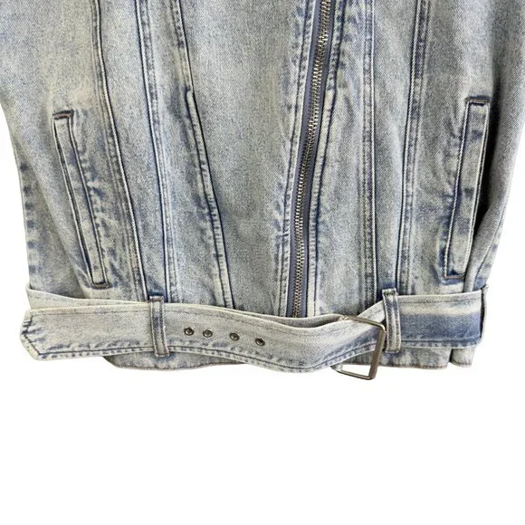 BLANKNYC Denim Moto Vest Grunge Biker 80's Light Wash Belted Medium Diagonal Zip - Picture 4 of 10
